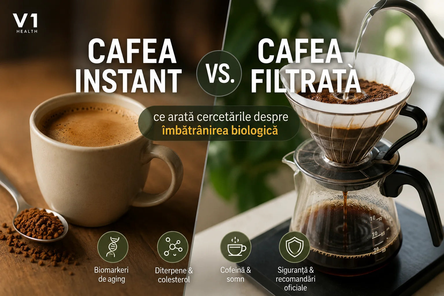 Cafea instant comparată cu cafea filtrată și cercetările despre îmbătrânirea biologică