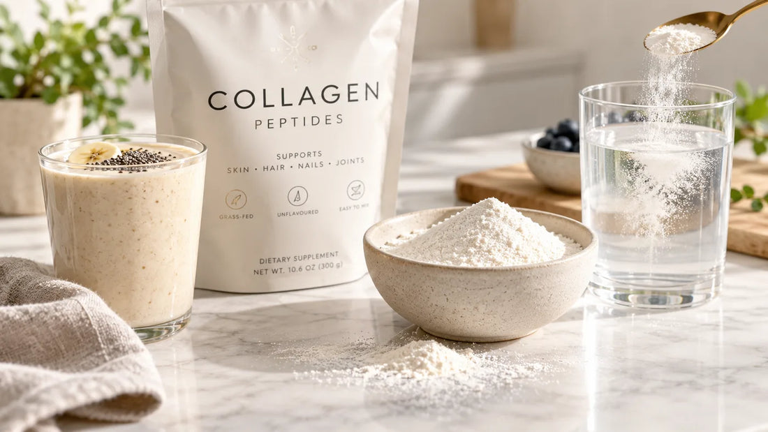 Colagen pudră într-un pahar, alături de linguriță și ingrediente, imagine pentru articol despre beneficiile și utilizarea colagenului