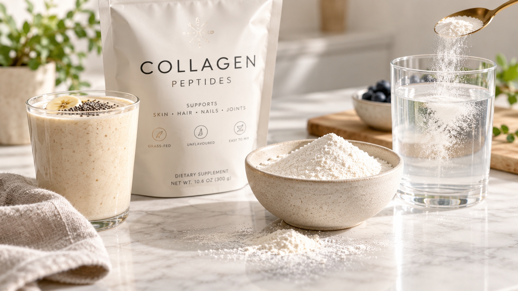 Colagen pudră într-un pahar, alături de linguriță și ingrediente, imagine pentru articol despre beneficiile și utilizarea colagenului