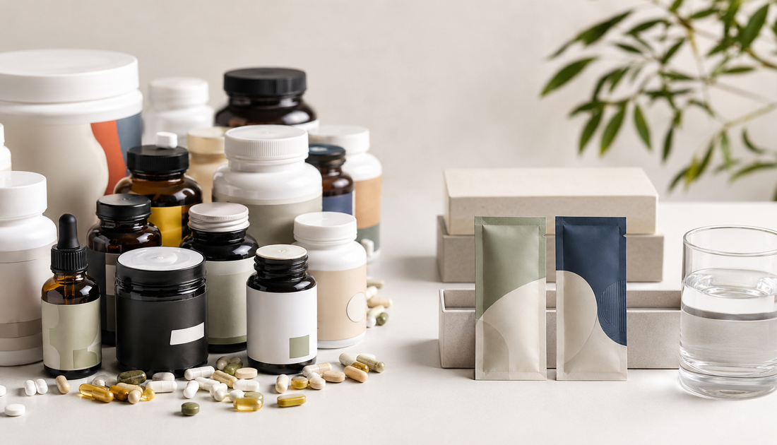 A chaotic supplement stack contrasted with two simple premium sachets