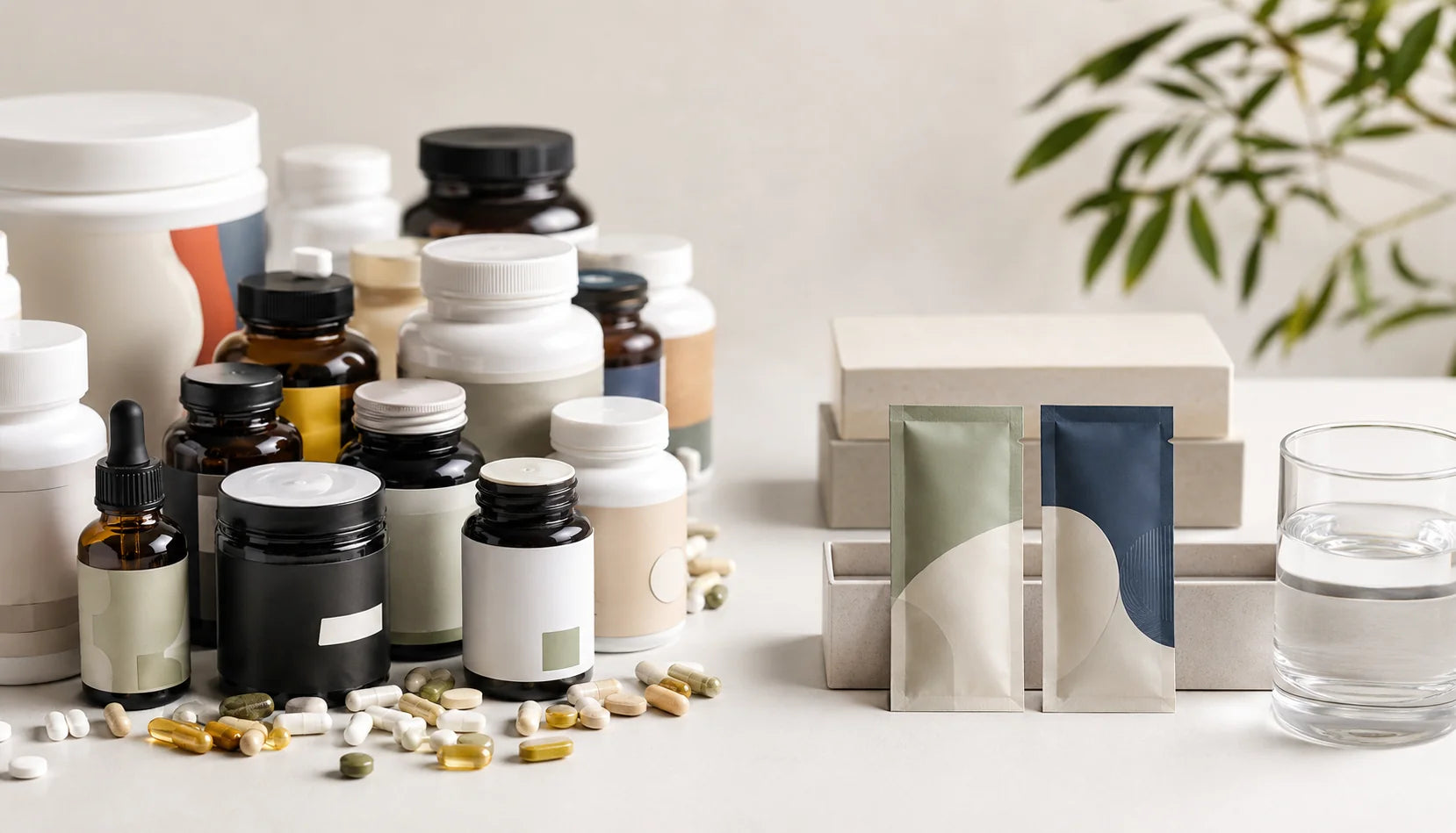 A chaotic supplement stack contrasted with two simple premium sachets