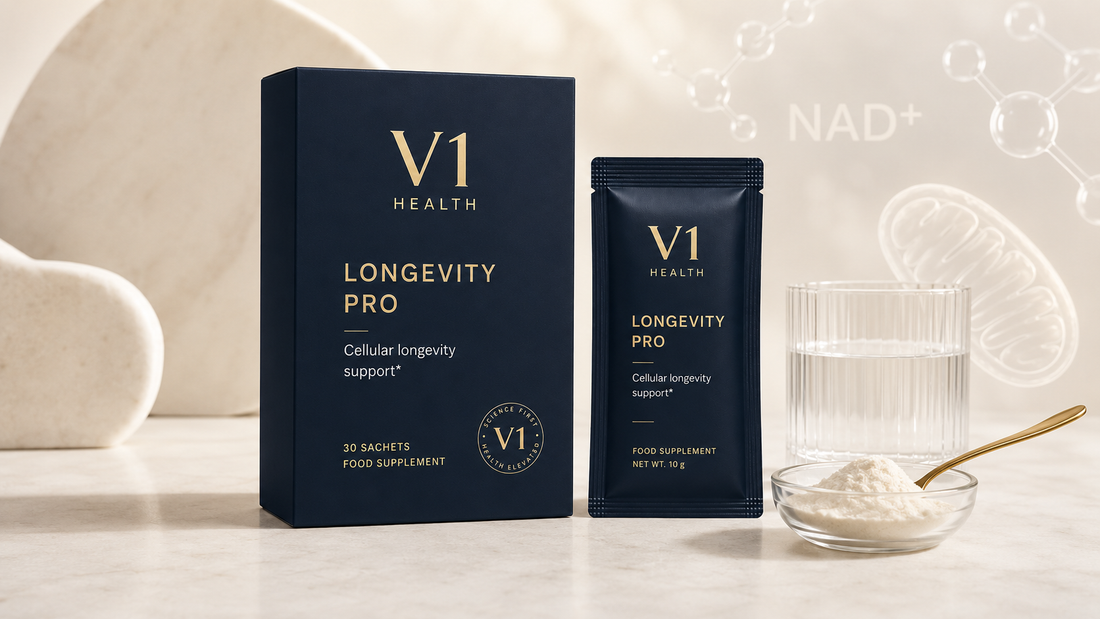 V1 Longevity Pro packshot editorial pentru articol despre NAD+ boosters si longevitate