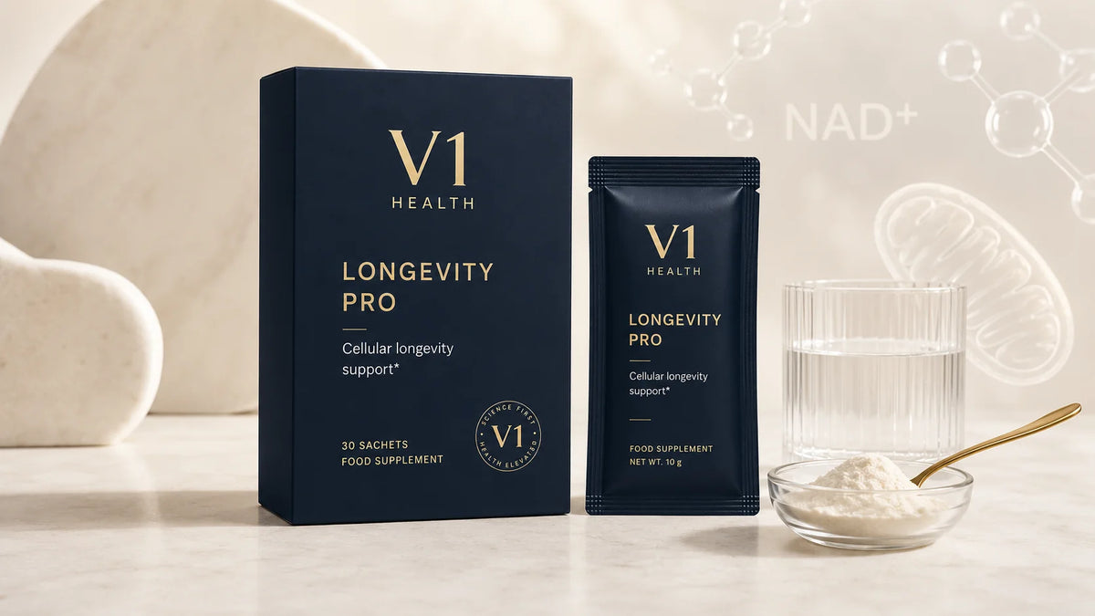 V1 Longevity Pro packshot editorial pentru articol despre NAD+ boosters si longevitate
