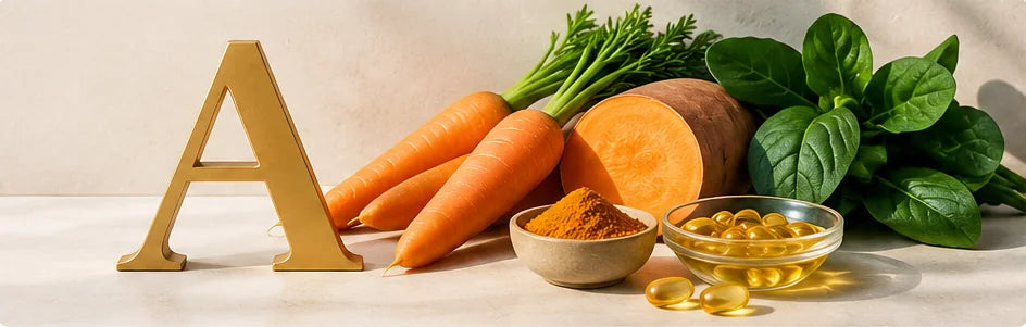 Surse de carotenoizi provitamina A: morcovi, cartof dulce și verdețuri, într-o compoziție editorială