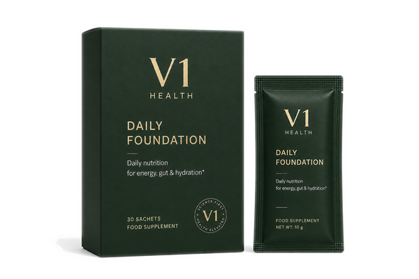V1 Daily Foundation packshot cutie și plic premium