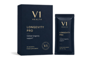 V1 Longevity Pro packshot cutie și plic premium