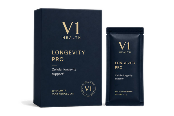 V1 Longevity Pro packshot cutie și plic premium