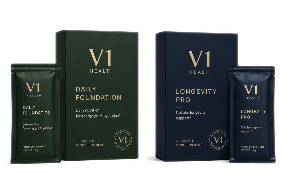 Protocolul V1 packshot V1 Daily Foundation și V1 Longevity Pro