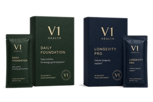 Protocolul V1 packshot V1 Daily Foundation și V1 Longevity Pro