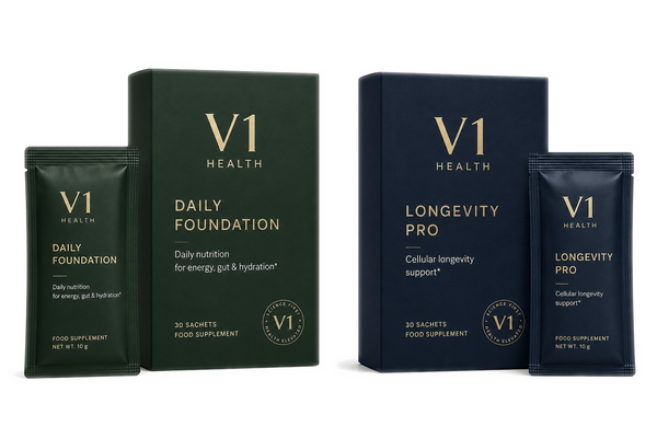 Protocolul V1 packshot V1 Daily Foundation și V1 Longevity Pro